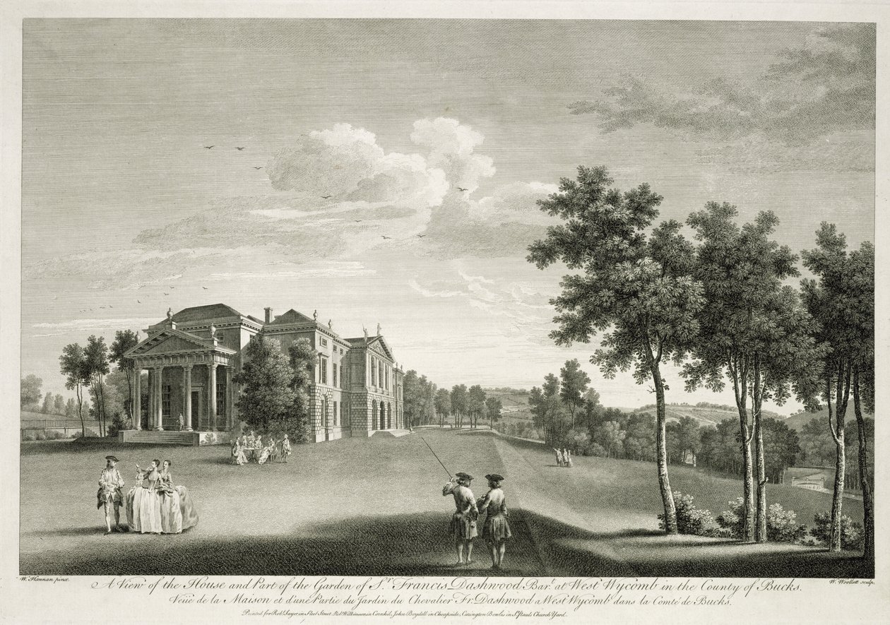 Ansicht des Hauses und eines Teils des Gartens in West Wycombe, Buckinghamshire, graviert von William Woollett von William Hannan
