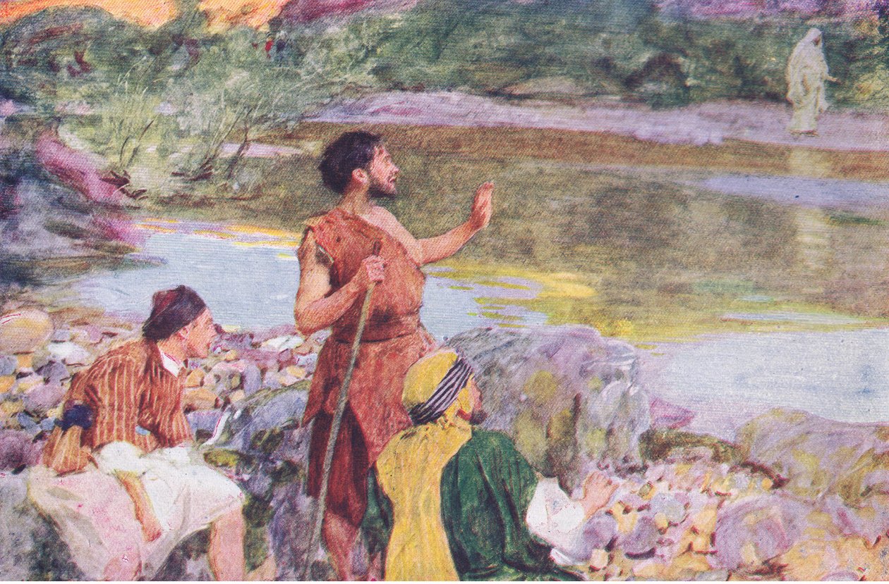 Johannes schaut auf Jesus, als er ging, und sagte: Siehe, das Lamm Gottes, aus Die Bibelgeschichte, veröffentlicht von Hodder & Stoughton, ca. 1930 von William Hatherell