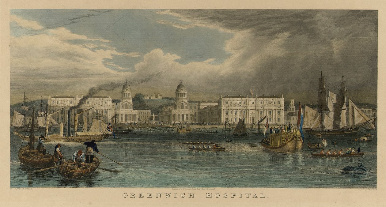Königlicher Besuch im Greenwich Hospital (England), mit einem Segelschiff, einem Dampfschiff, Passagierbarken, Ruderbooten auf der Themse von William Havell