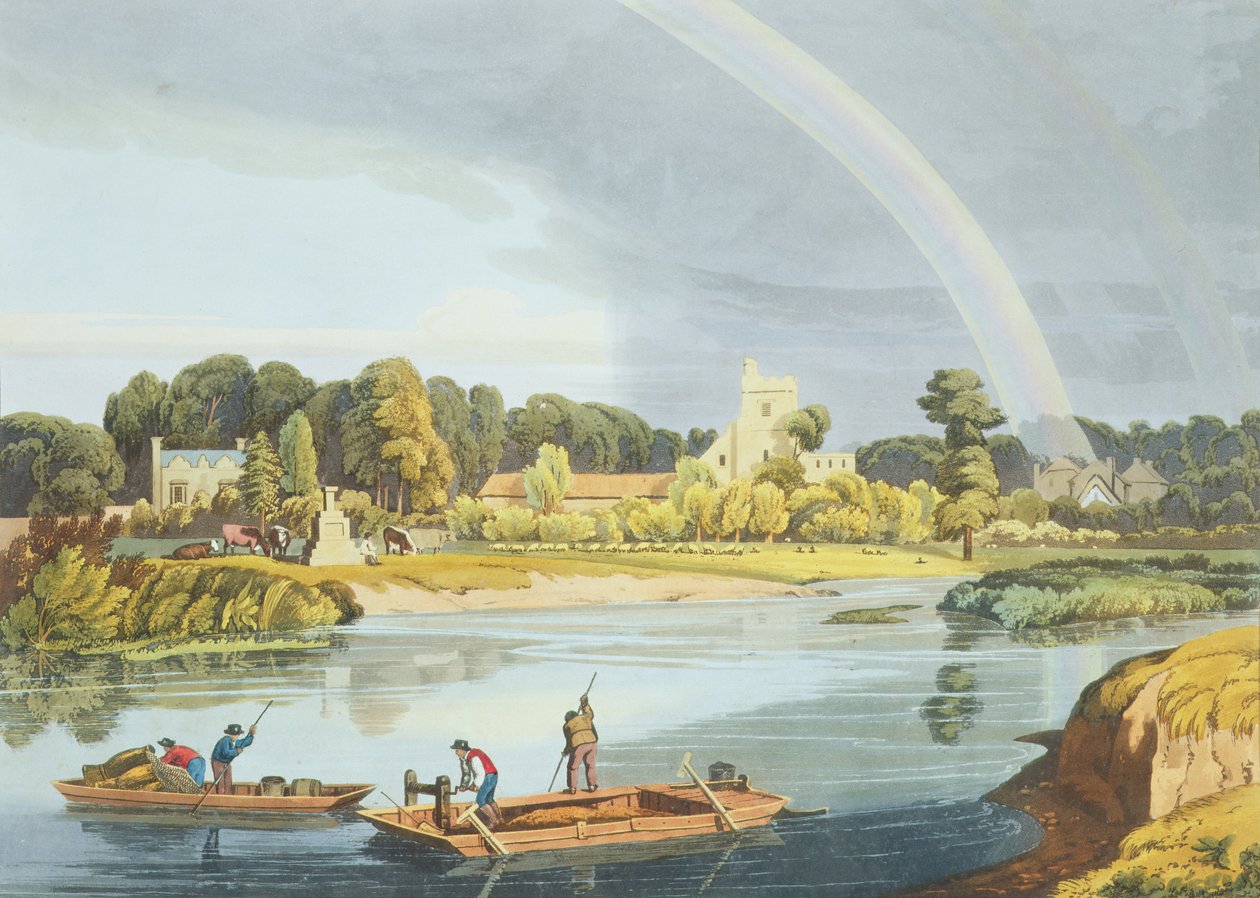 Staines Church mit City Stone am Ufer des Flusses, graviert von Robert Havell der Jüngere, veröffentlicht 1818 von William Havell