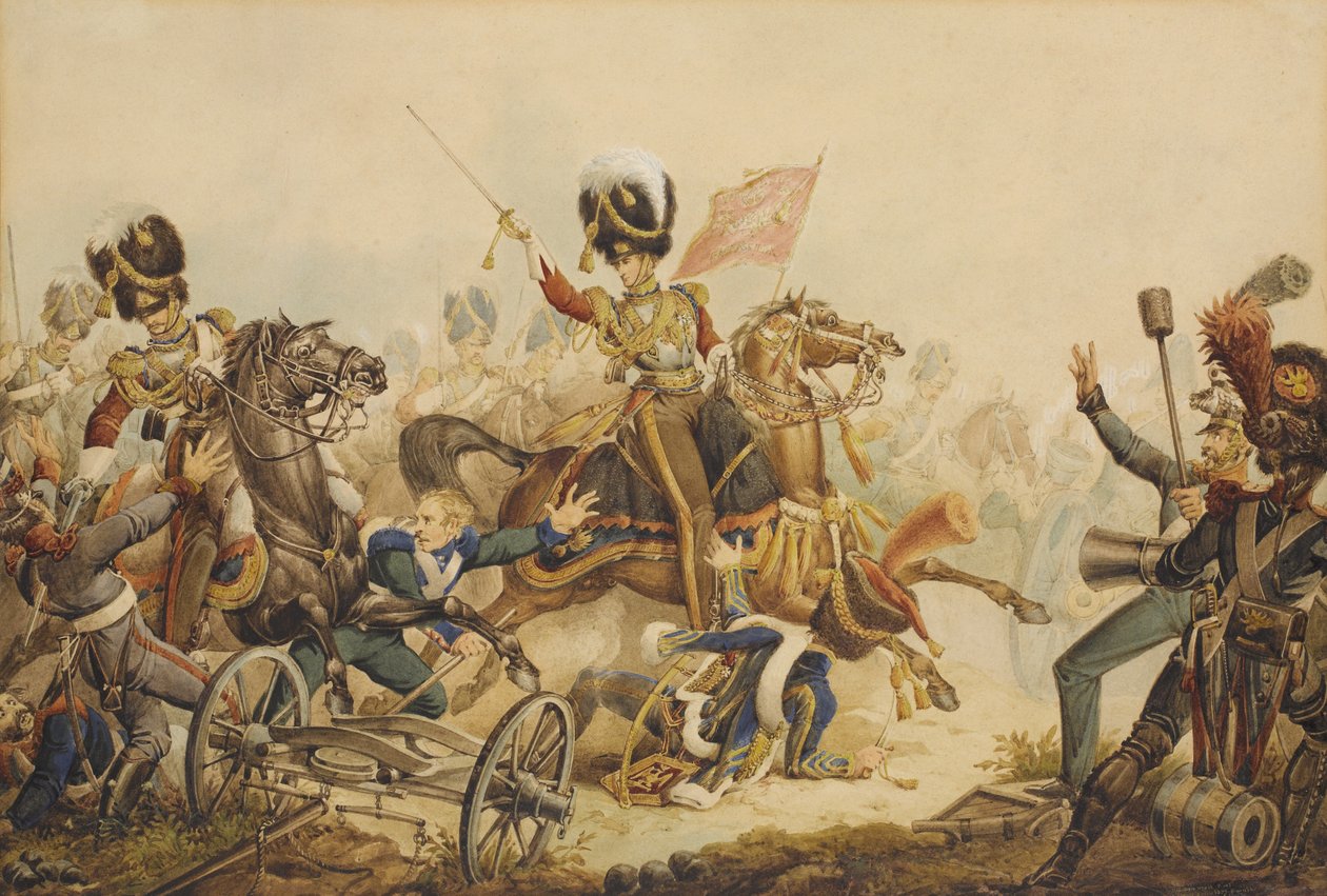 1. Life Guards greifen die französische Artillerie in der Schlacht von Waterloo 1815 an, 1820 von William Heath
