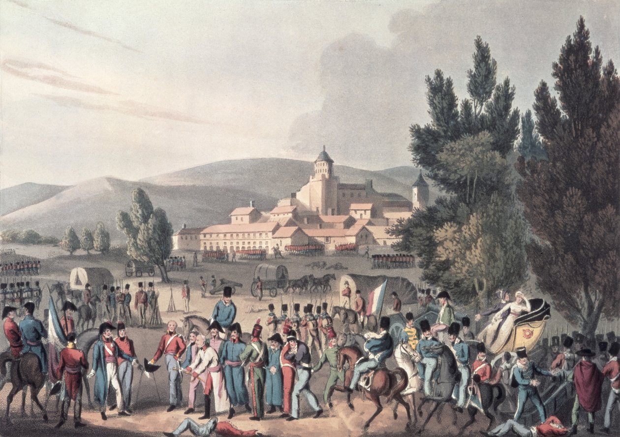 Schlacht von Vittoria, 1813, Gefangene werden gebracht, geätzt von I. Clarke, aquatintiert von M. DuBourg von William Heath