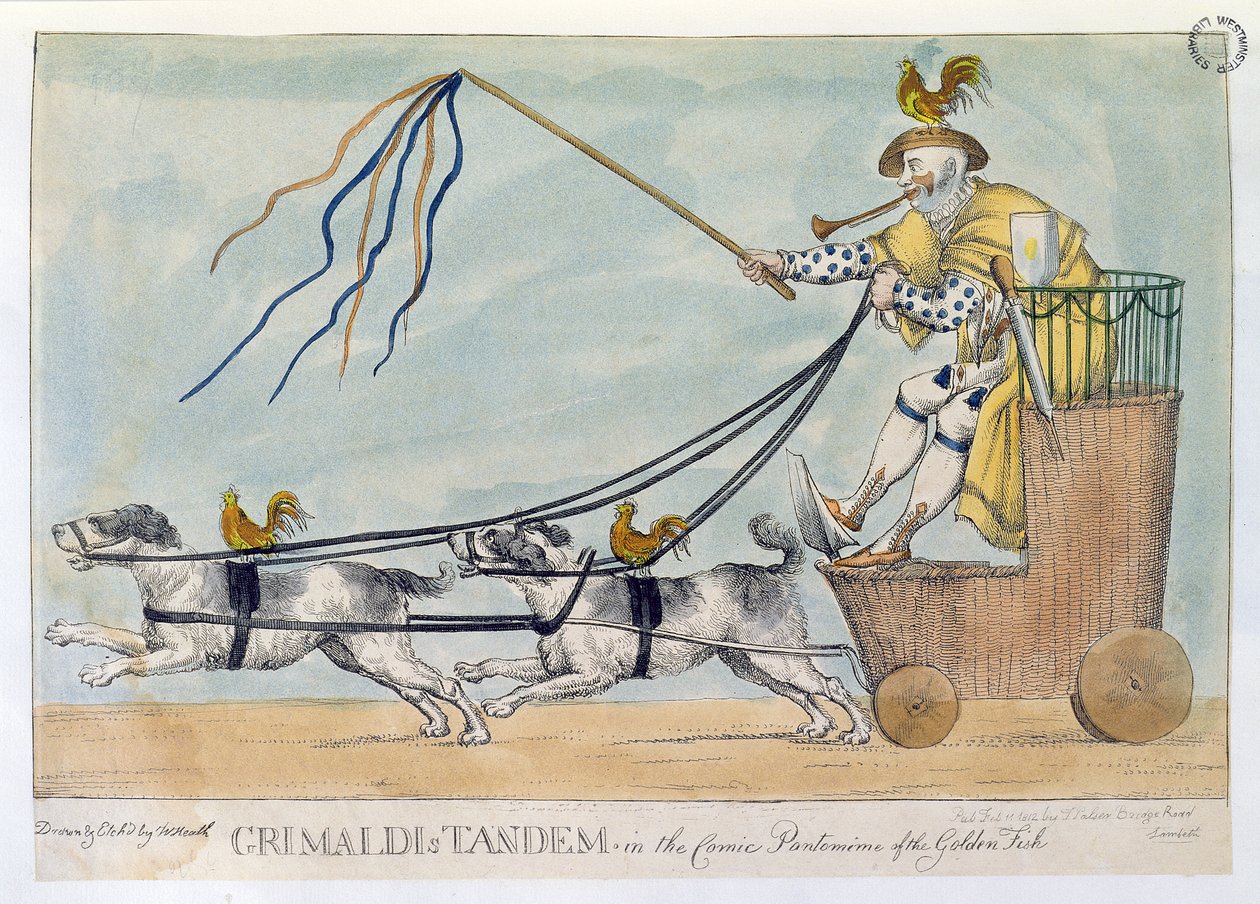 Grimaldis Tandem in der Komischen Pantomime des Goldenen Fisches, veröffentlicht 1812 von William Heath