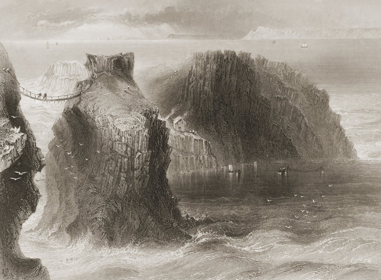 Carrick-a-Rede Hängebrücke, County Antrim, Nordirland, aus 
