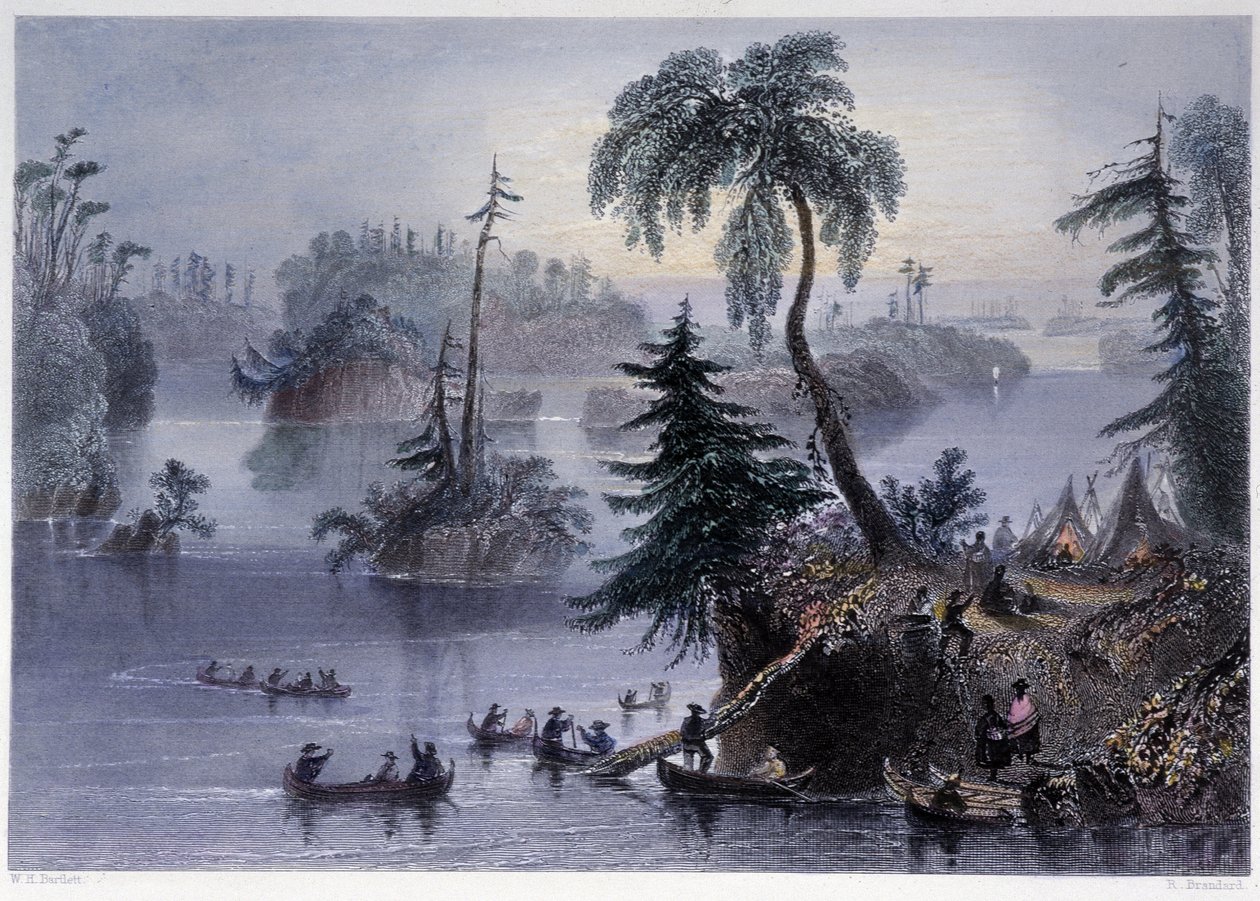 Szene unter den Tausend Inseln: Lager und Boote, Mille Îles - in „Canadian Scenery Illustrated“ von Bartlett W. H. von William Henry Bartlett
