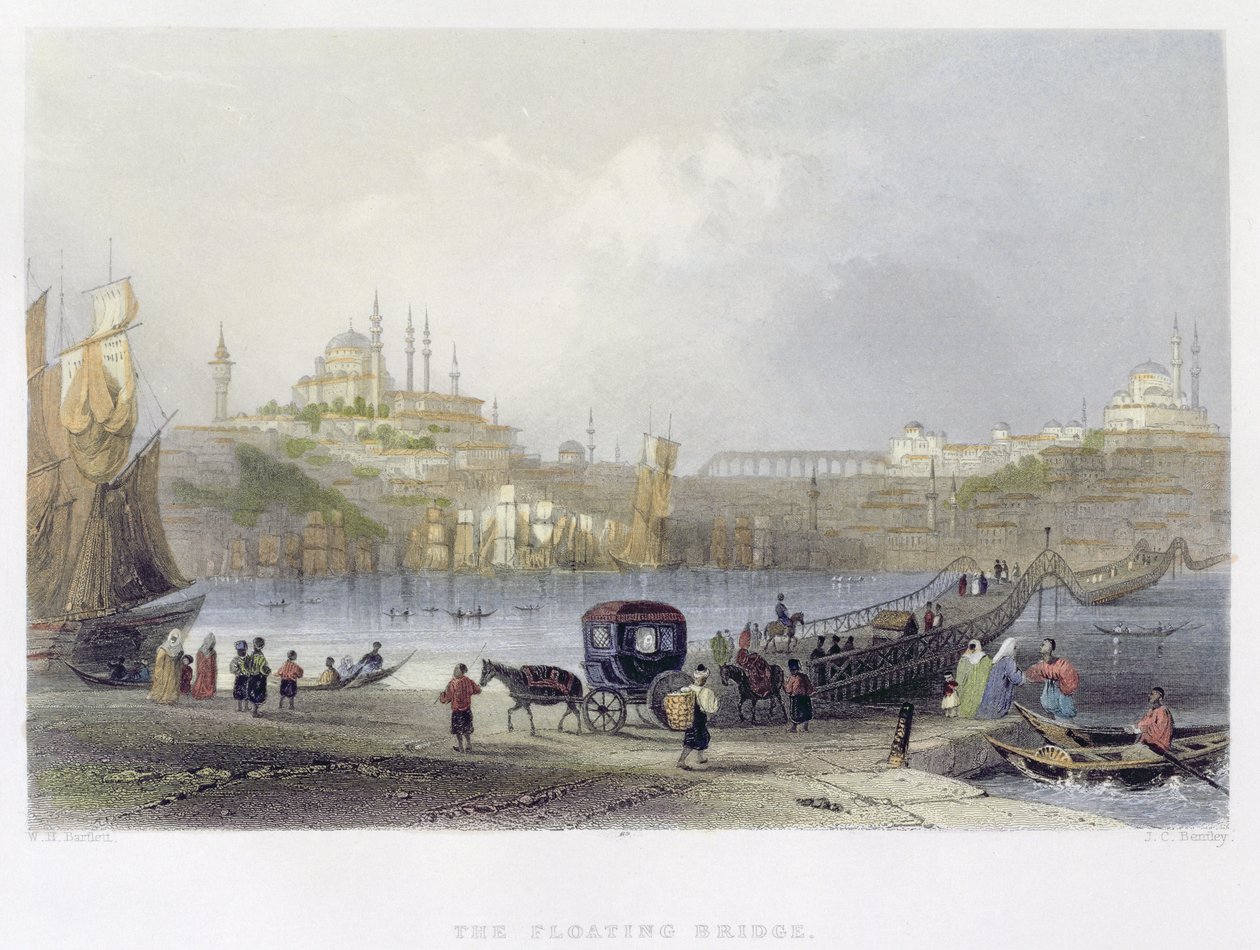 Die schwimmende Brücke, Istanbul, graviert von J.C. Bentley, ca. 1850 von William Henry Bartlett