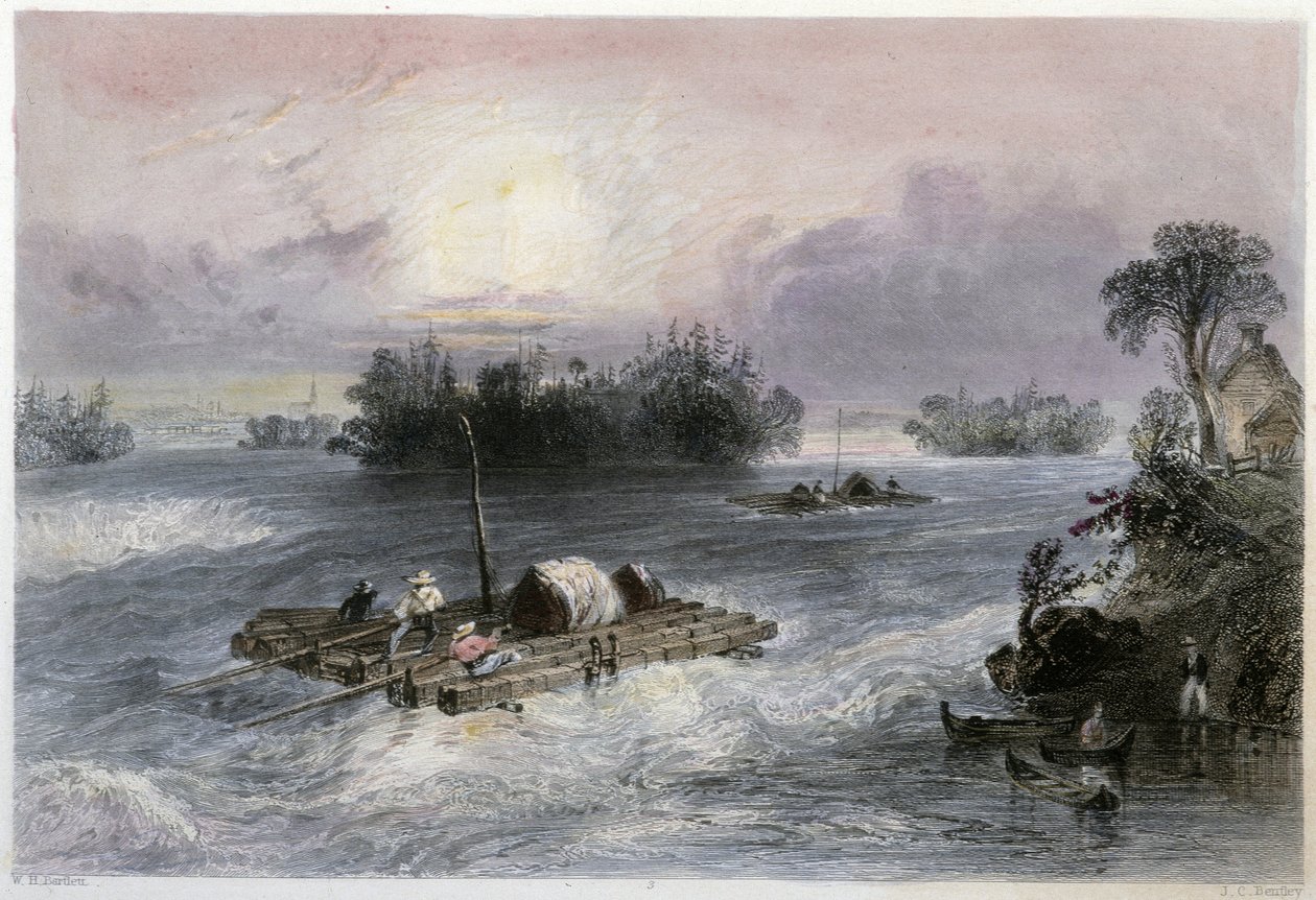 Holztransport und Stromschnellen zum Dorf Cedars - in „Canadian scenery illustrated“ von Bartlett W. H. von William Henry Bartlett