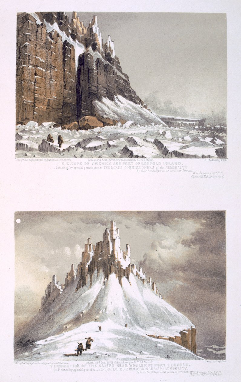 N.E. Kap von Amerika und Teil der Leopold-Insel (oben) und Ende der Klippen bei Whaler Point, Port Leopold (unten) aus 