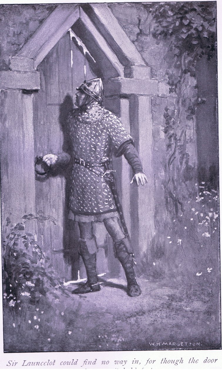 Sir Launcelot konnte keinen Weg hinein finden, denn obwohl die Tür alt und abgenutzt war, hielt sie fest von William Henry Margetson