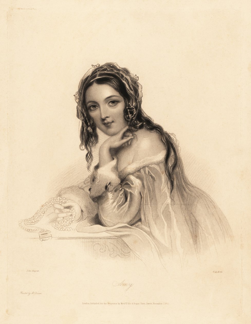 Porträt von Amy. Schönheit mit Schleier über langem Haar, Kleid mit Hermelinbesatz, hält eine Perlenkette. Stahlstich von William Henry Mote nach einer Illustration von John Hayter aus Charles Heaths English Pearls, or Portraits for th von William Henry Mote