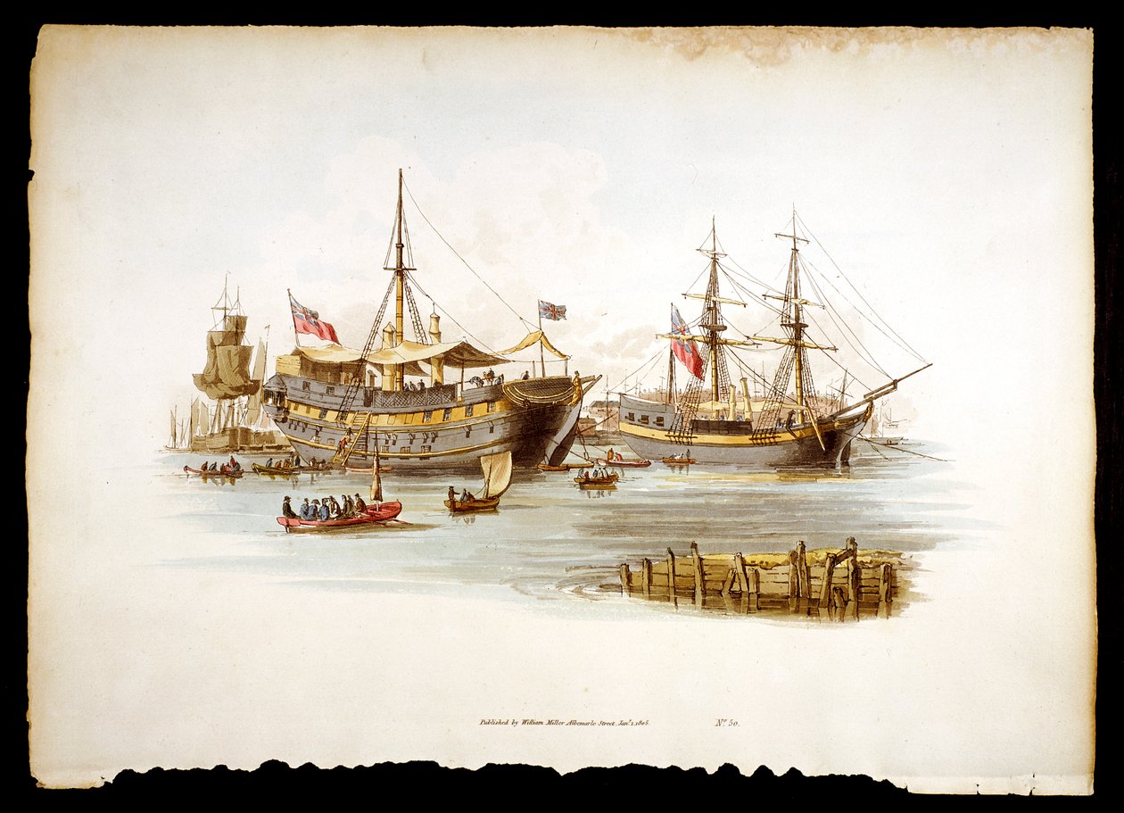 Gefängnisschiffe oder Tender auf der Themse vor dem Tower of London, 1805 von William Henry Pyne