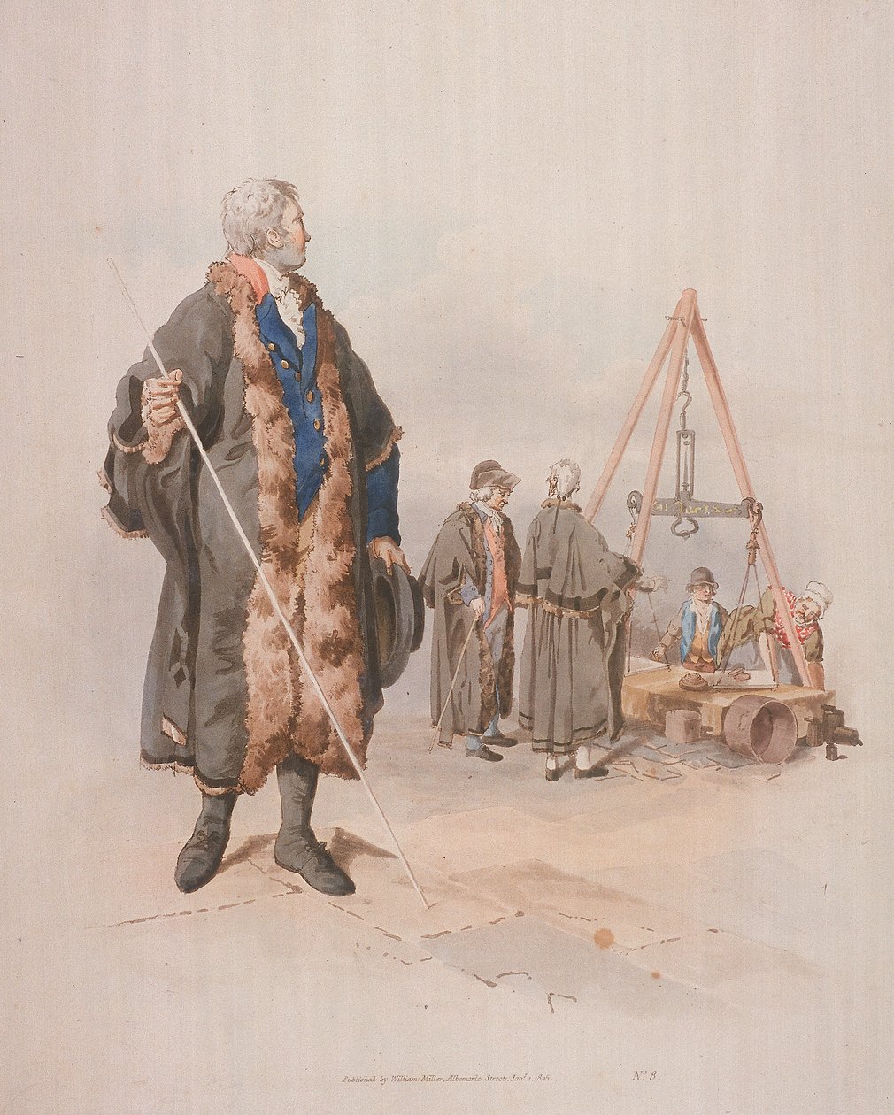 Ward Beadle in Zivilkleidung, einen Stab haltend, bei einer Wardmote-Untersuchung, 1805 von William Henry Pyne