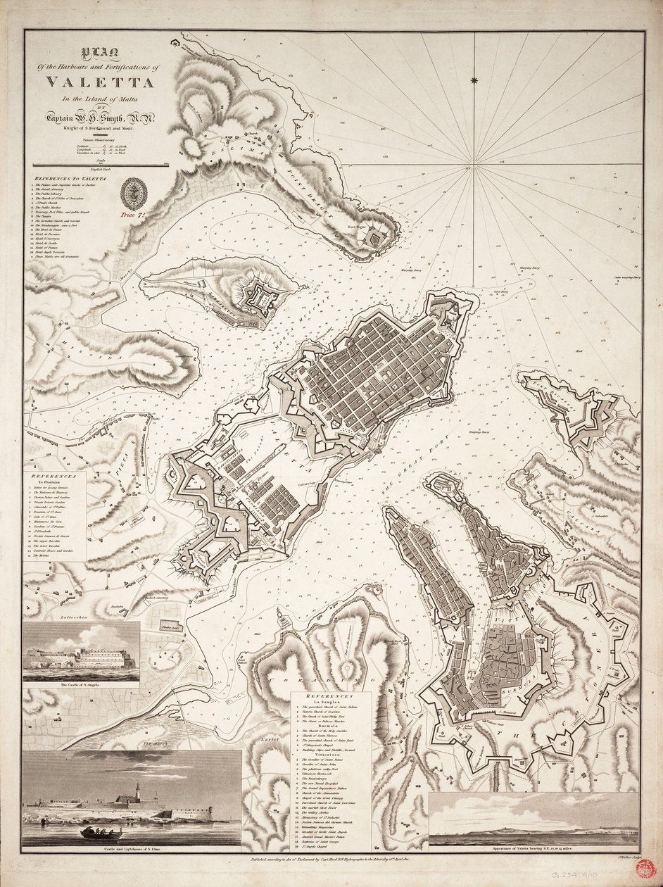 Plan der Häfen und Befestigungen von Valetta auf der Insel Malta, ca. 1821 von William Henry Smyth