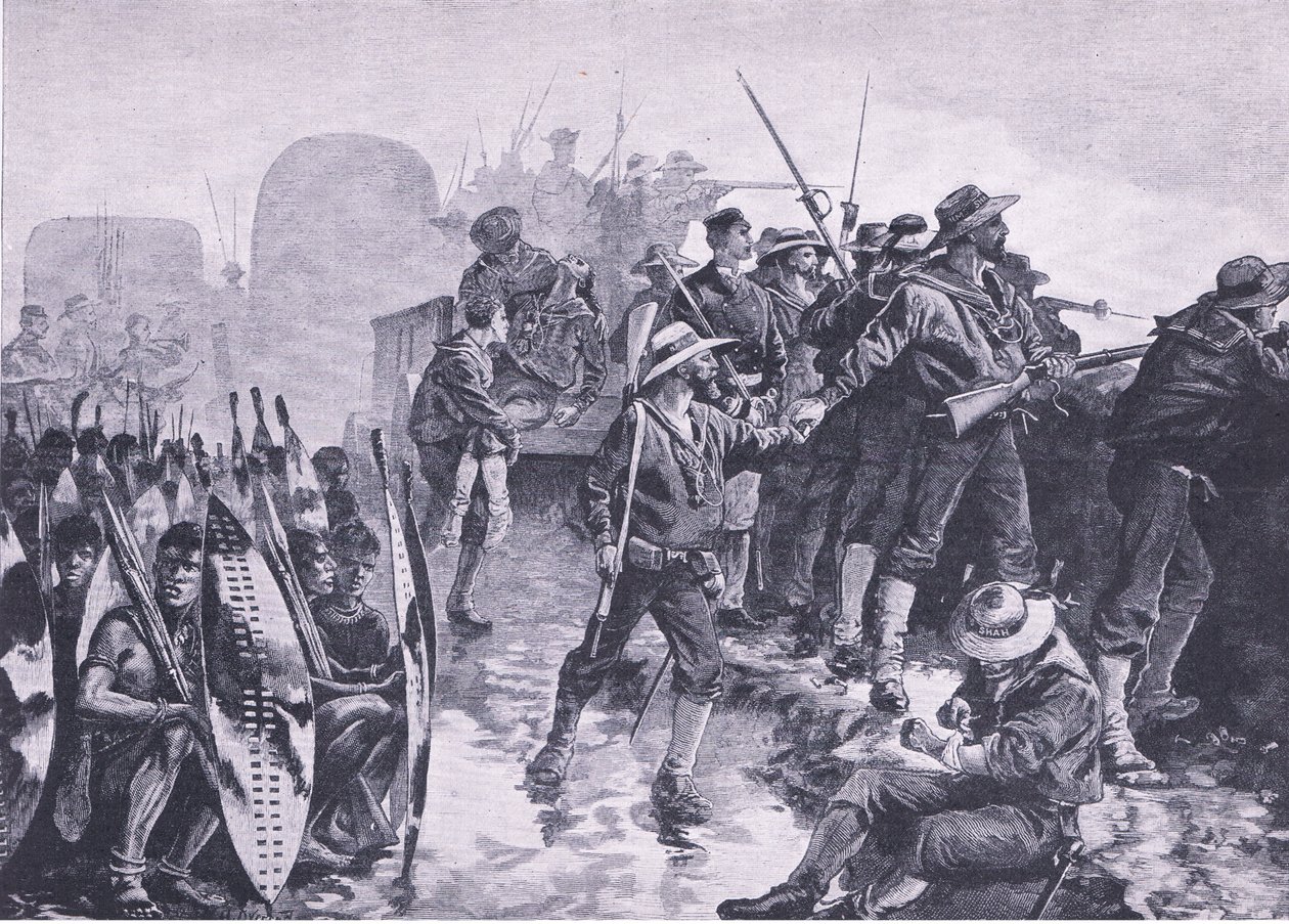 Verteidigung eines Lagers gegen einen Zulu-Angriff, Illustration aus Britische Schlachten zu Land und zu Wasser, 1915 von William Heysham Overend