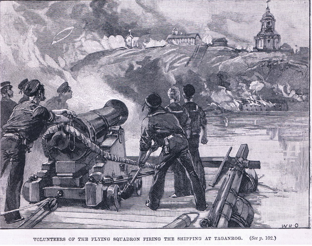 Freiwillige des Fliegenden Geschwaders feuern auf die Schiffe in Taganrog, 1855 n. Chr. von William Heysham Overend