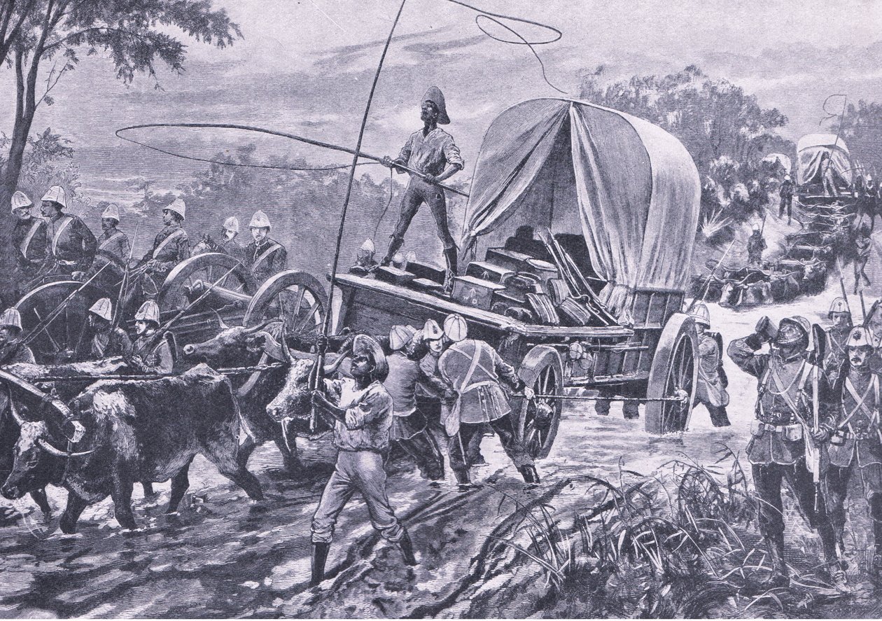 Zulu-Krieg: Die Estowe-Entsatztruppe überquert einen Bach, April 1879, Illustration aus Britische Schlachten zu Land und zu Wasser, 1915 von William Heysham Overend
