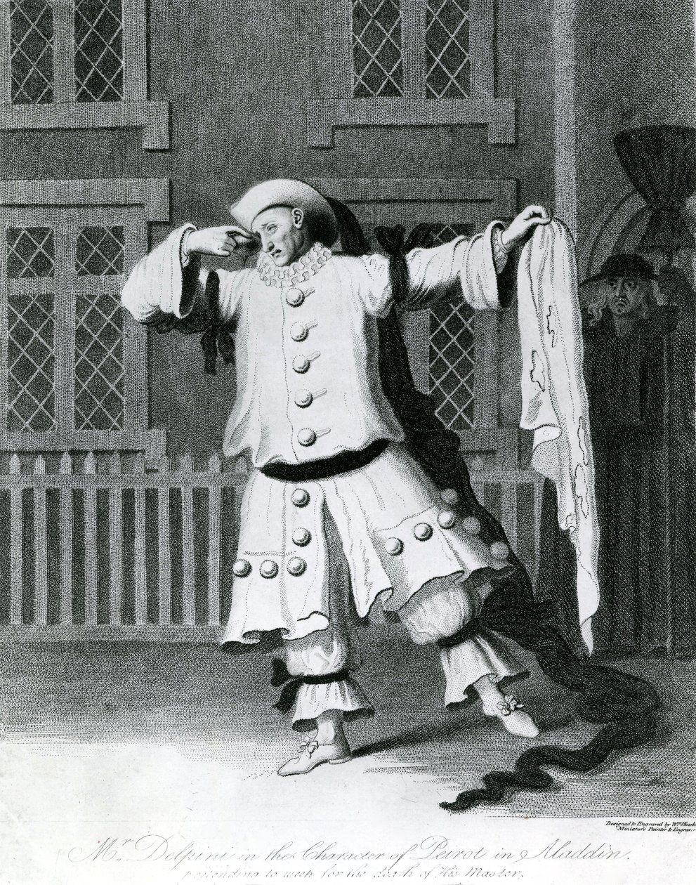 Mr. Delphini in der Rolle des Pierrot in Aladdin, 1780-1790 von William Hincks