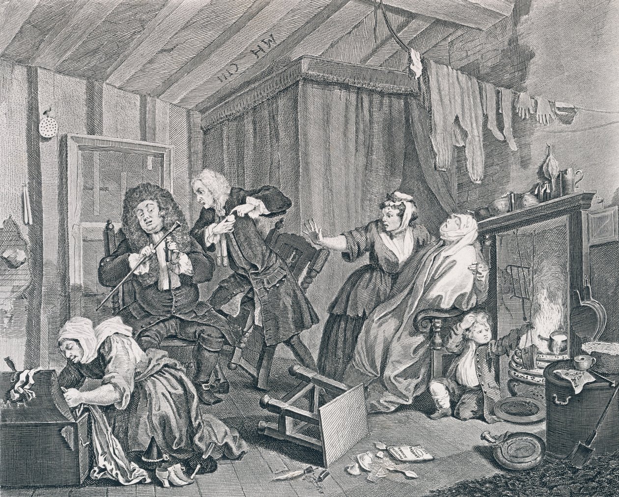 Der Lebensweg einer Dirne, Tafel Fünf: Stirbt, während die Ärzte streiten, 1732 von William Hogarth