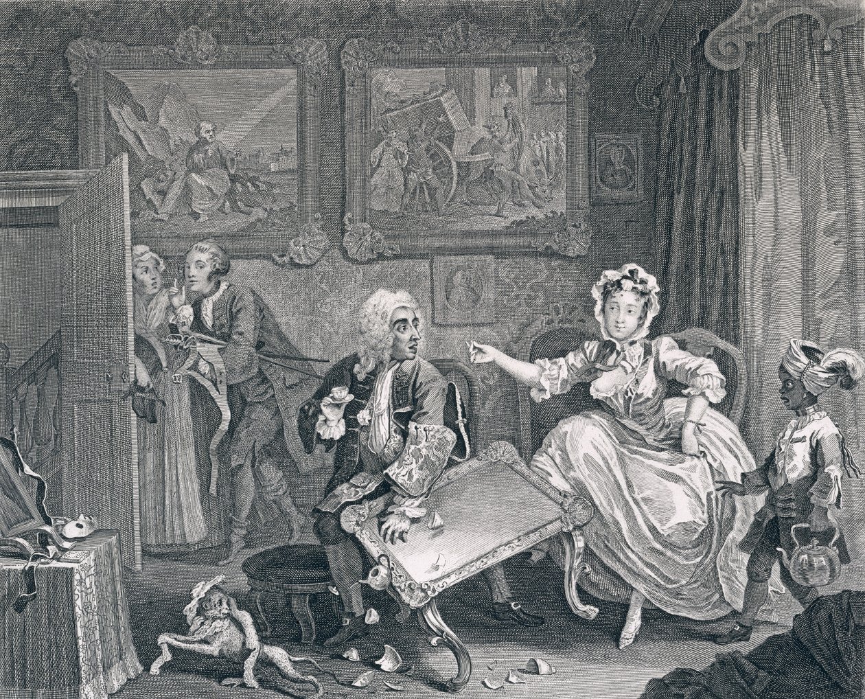 Der Lebensweg einer Dirne, Platte Zwei: Streit mit ihrem jüdischen Beschützer von William Hogarth