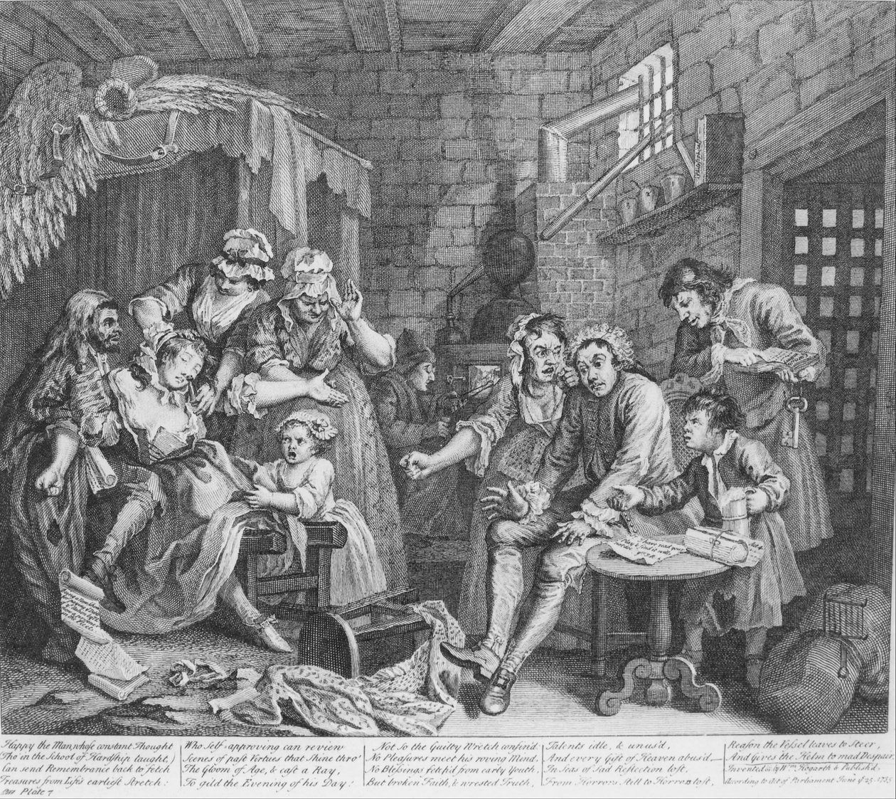 Der Lebensweg eines Wüstlings, Platte 7, Die Gefängnisszene von William Hogarth