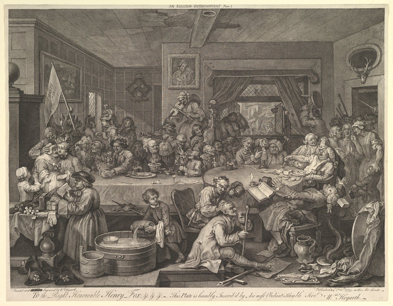 Ein Wahlbankett, Platte I: Vier Drucke einer Wahl von William Hogarth