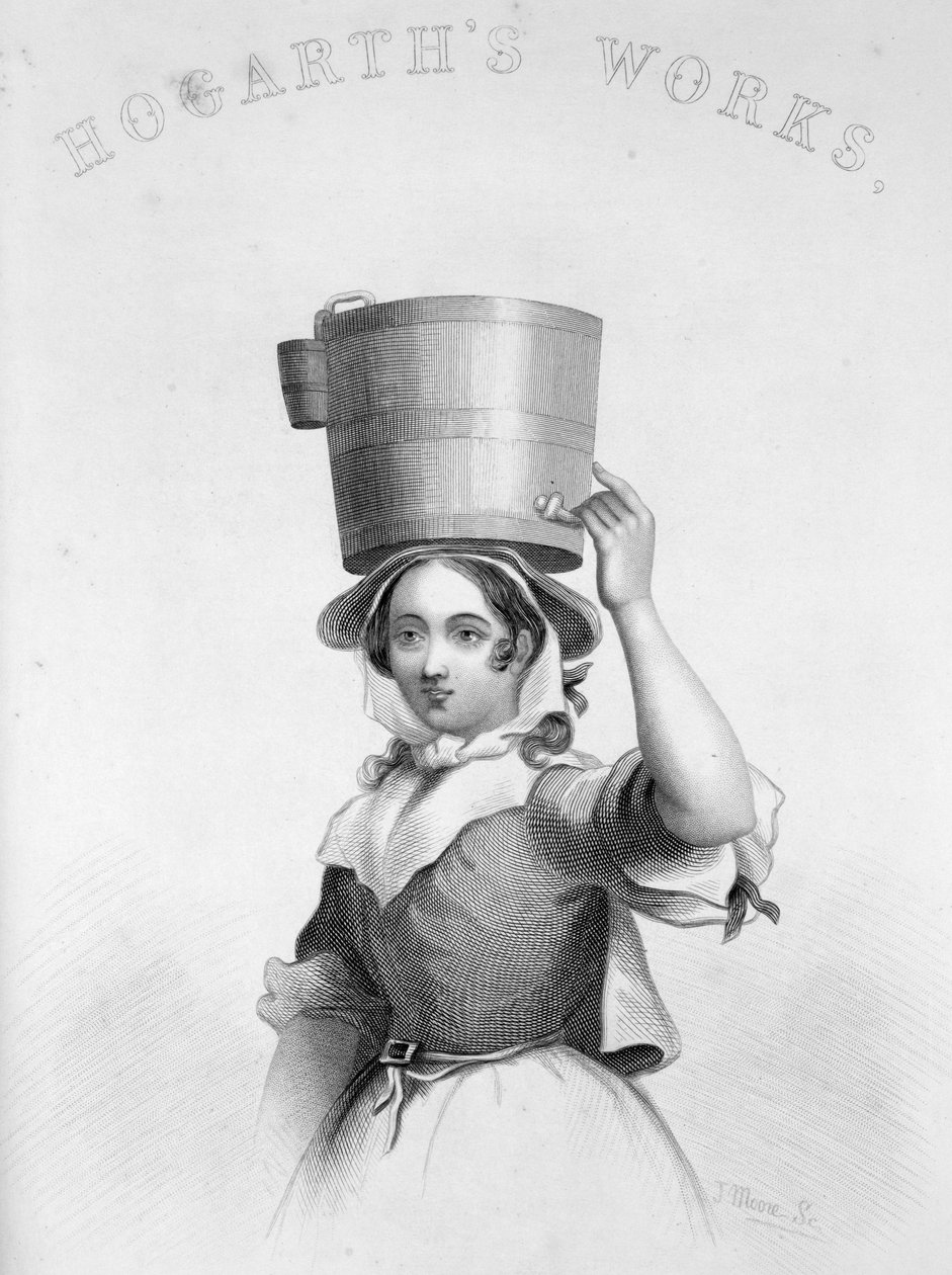 Darstellung von J. Moore als Stich der Milchmagd aus Hogarths Wütendem Musiker von William Hogarth
