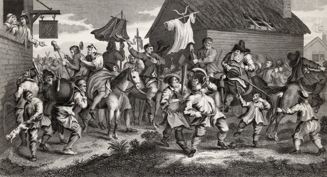 Hudibras trifft auf den Skimmington, graviert von T.E. Nicholson, aus 