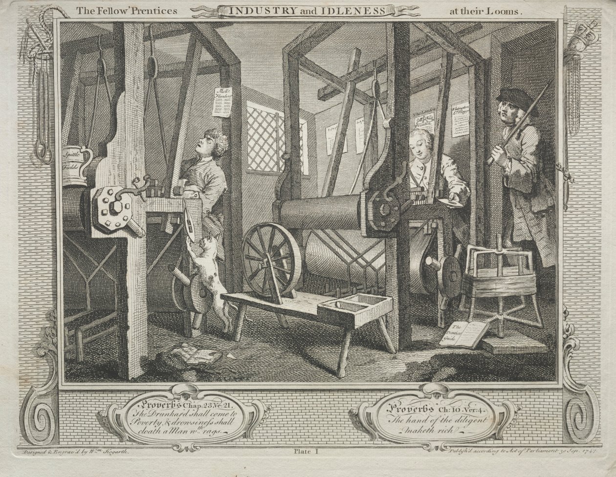 Industrie und Müßiggang: Die Gefährten an ihren Webstühlen, 1747 von William Hogarth