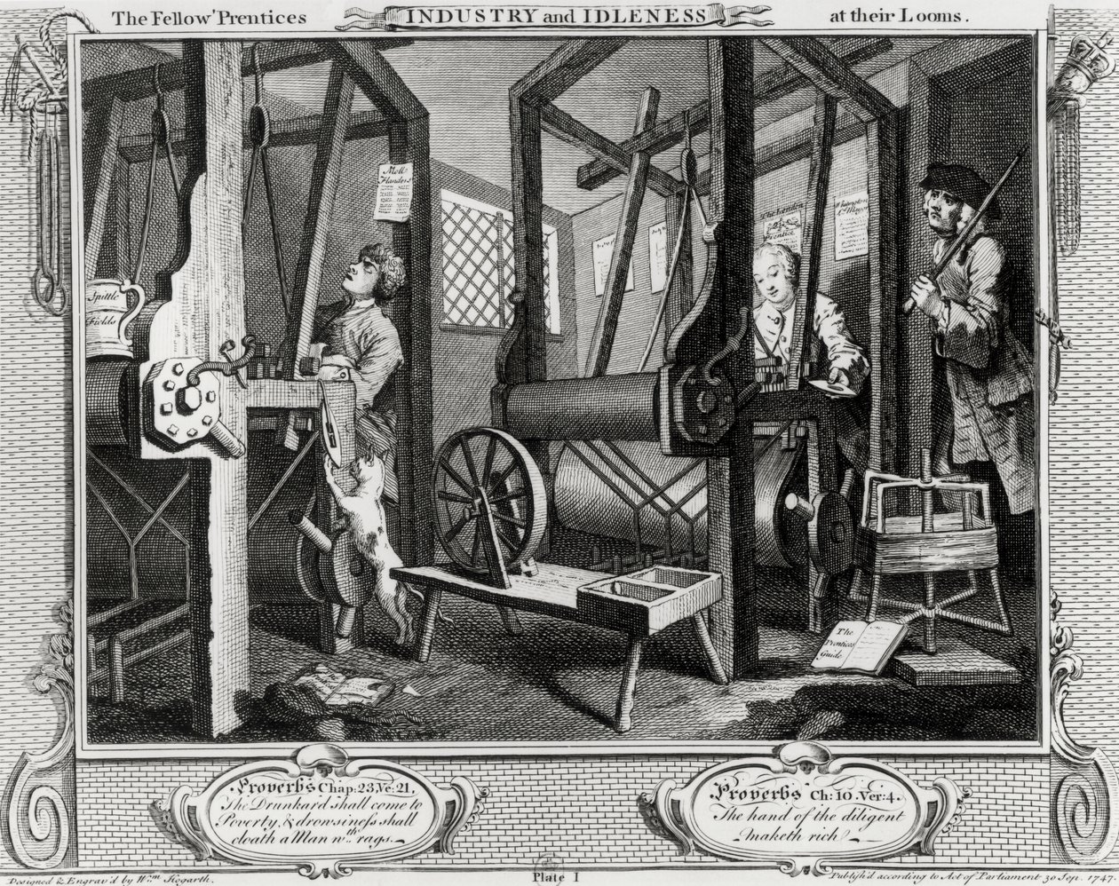 Industrie und Müßiggang, Die Lehrlinge an ihren Webstühlen, Platte 1 von William Hogarth