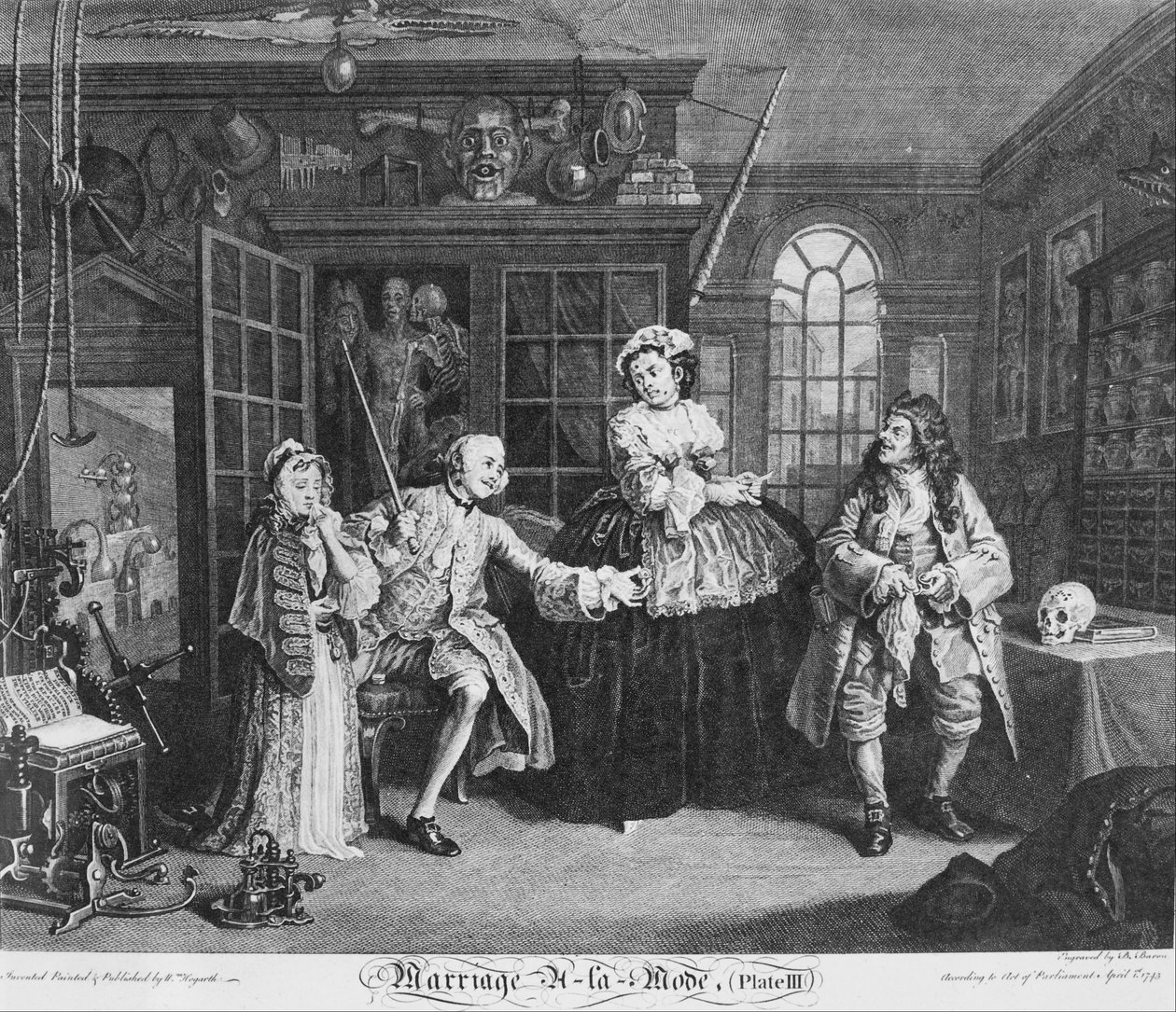 Die Modeehe, Platte 3, (Die Szene mit dem Quacksalber) von William Hogarth