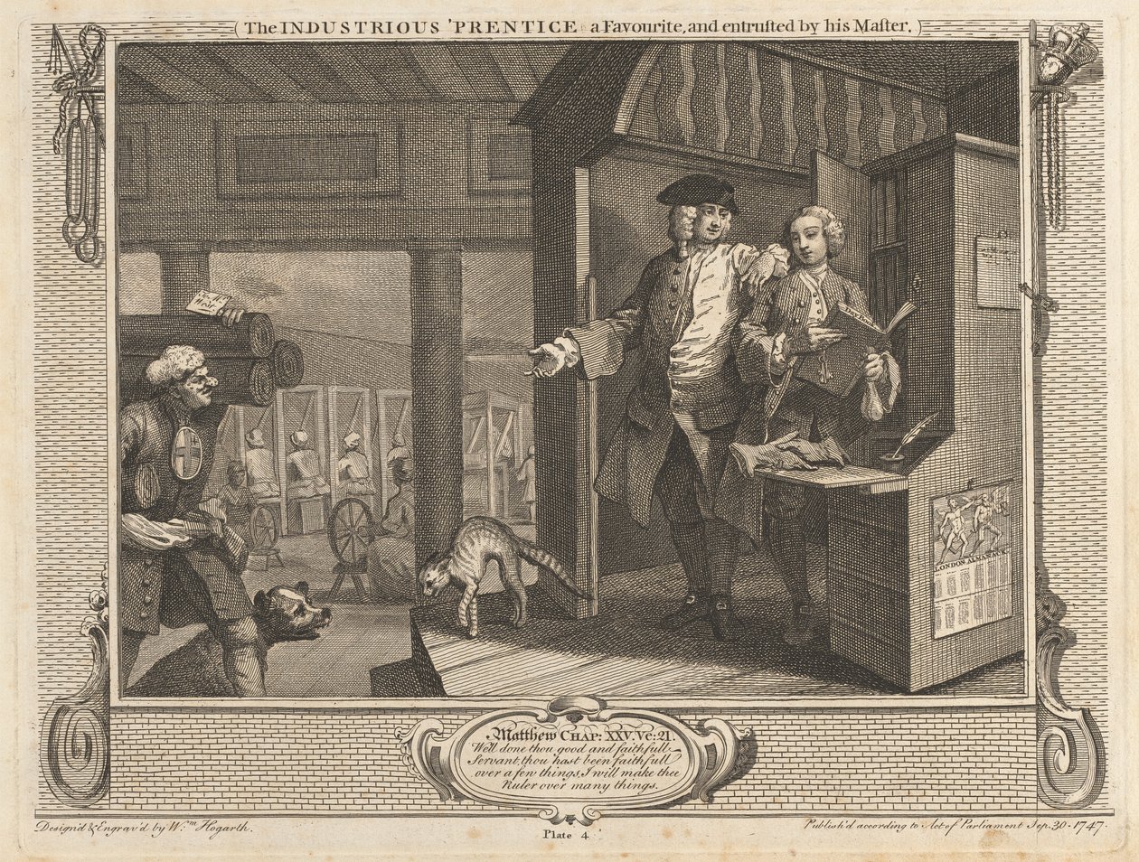 Platte 4, Der fleißige Lehrling ein Favorit und vom Meister betraut von William Hogarth