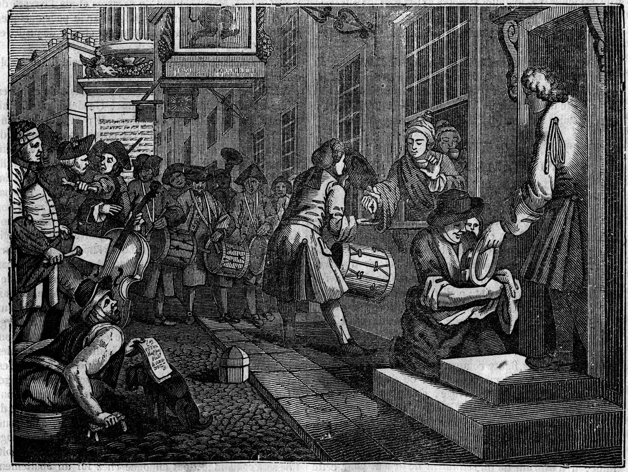 Tafel aus einer Serie von 12 Gravuren von William Hogarth (1697-1764), britischer Illustrator, betitelt „Industry and Idleness“, „Eifer und Faulheit“, erzählt die Karrieren von zwei Lehrlingen: Goodchilds Hochzeit mit der Tochter seines Meisterwebers von William Hogarth