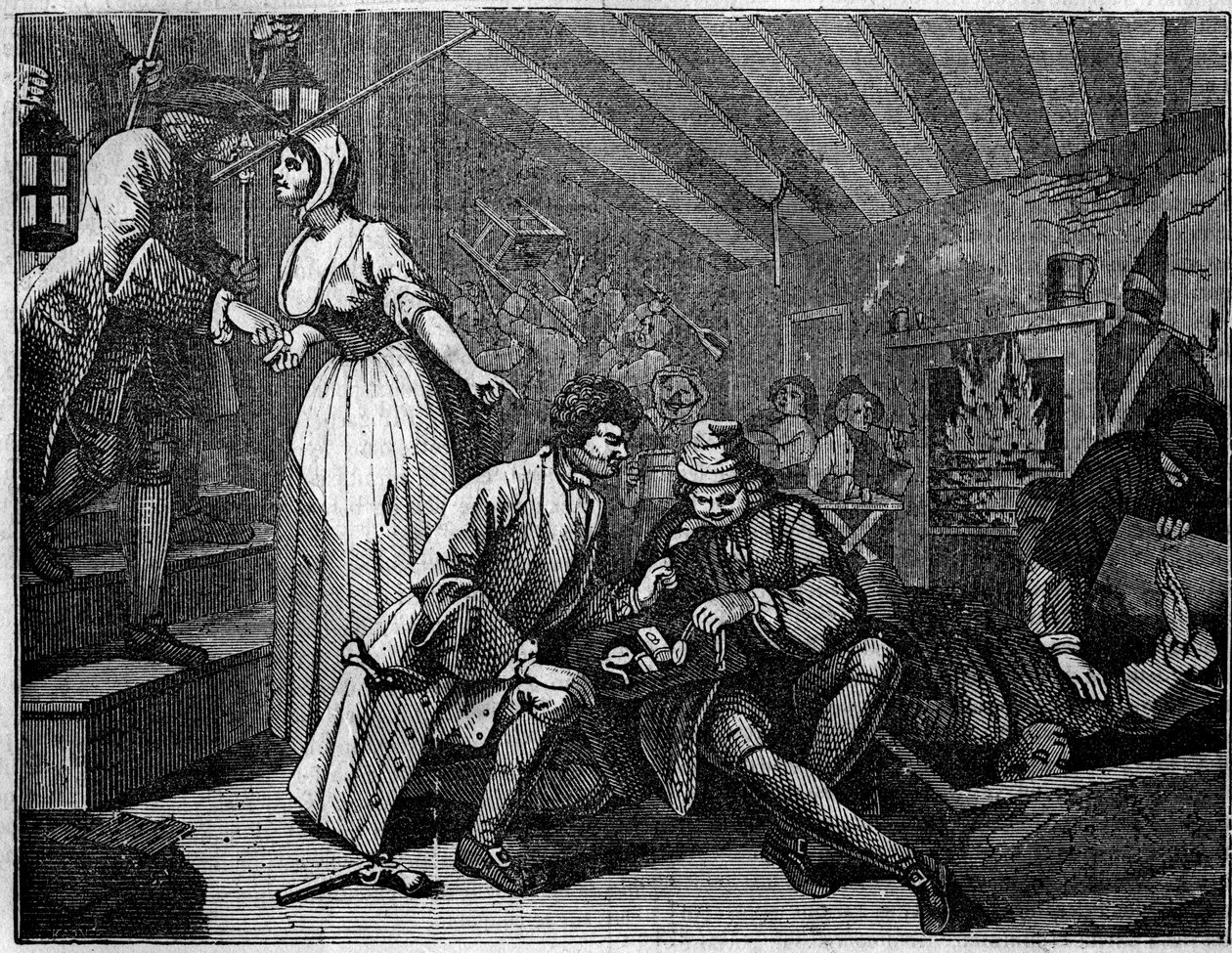 Tafel aus einer Serie von 12 Gravuren von William Hogarth (1697-1764), britischer Illustrator, betitelt „Industry and Idleness“, „Eifer und Faulheit“, erzählt die Karrieren von zwei Lehrlingen: Thomas Idle, schuldig seiner Laster, wurde in einer Taverne ve von William Hogarth