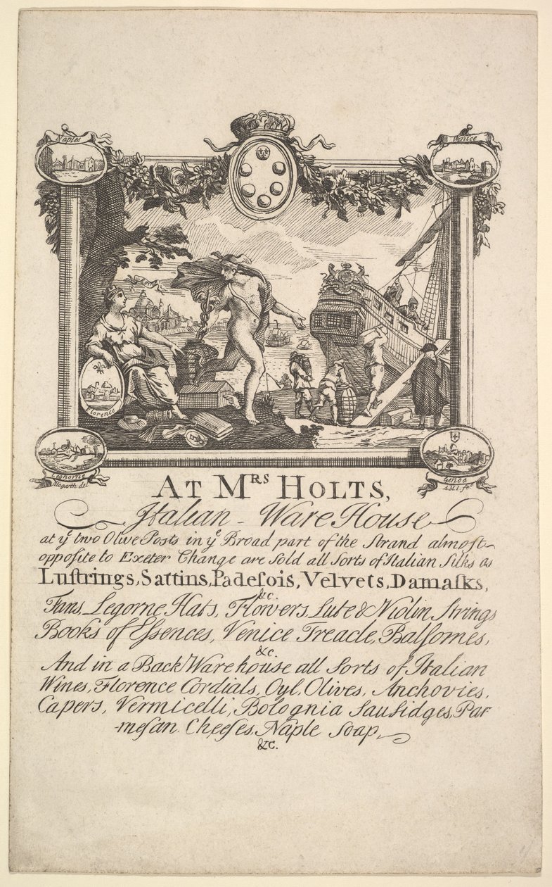 Ladenkarte für Mrs. Holts italienisches Lager, 1720-72 von William Hogarth