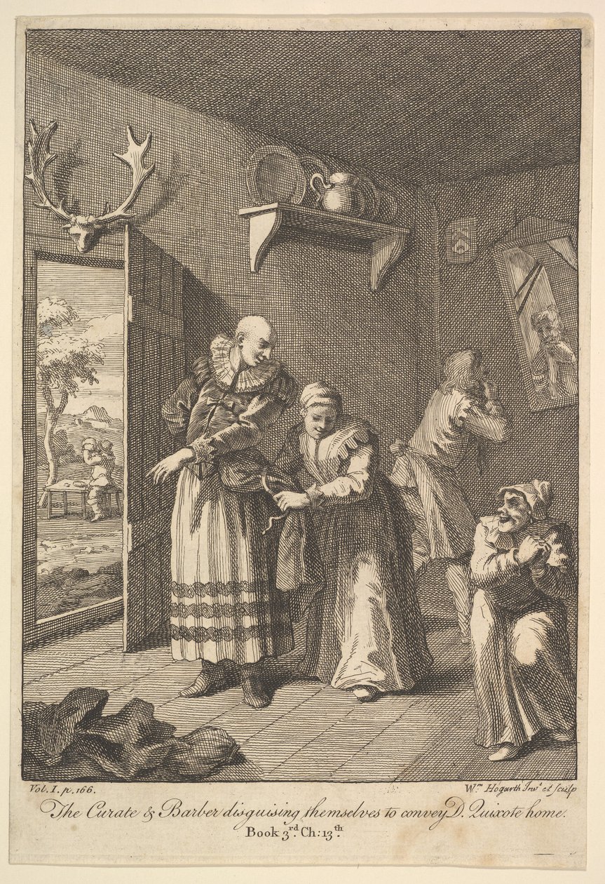 Der Pfarrer und der Barbier verkleiden sich, um Don Quixote nach Hause zu bringen von William Hogarth