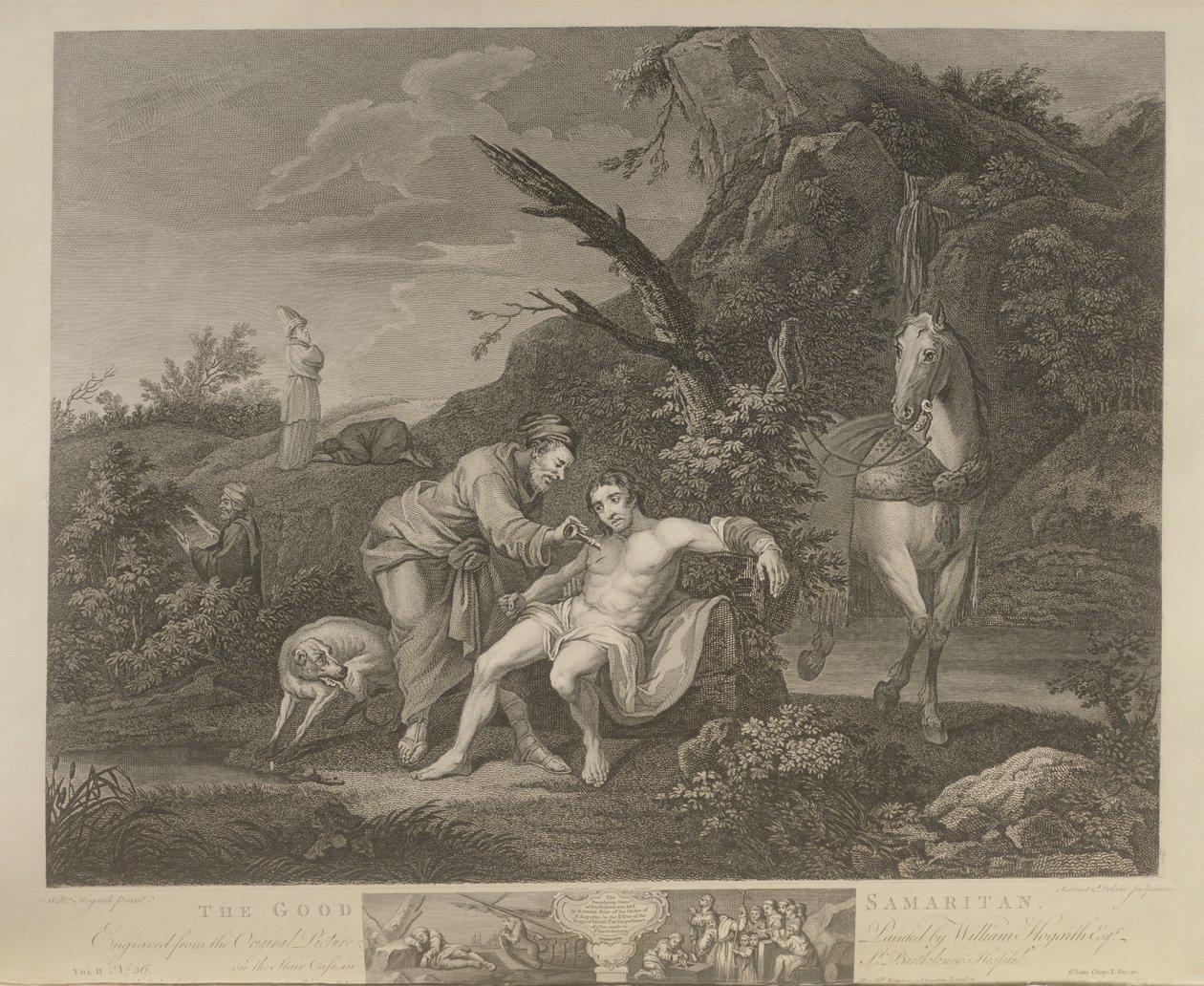 Der barmherzige Samariter, graviert von J.M. Delatre und Simon Francis Ravenet, veröffentlicht von John Boydell (1719-1804) 1772 von William Hogarth