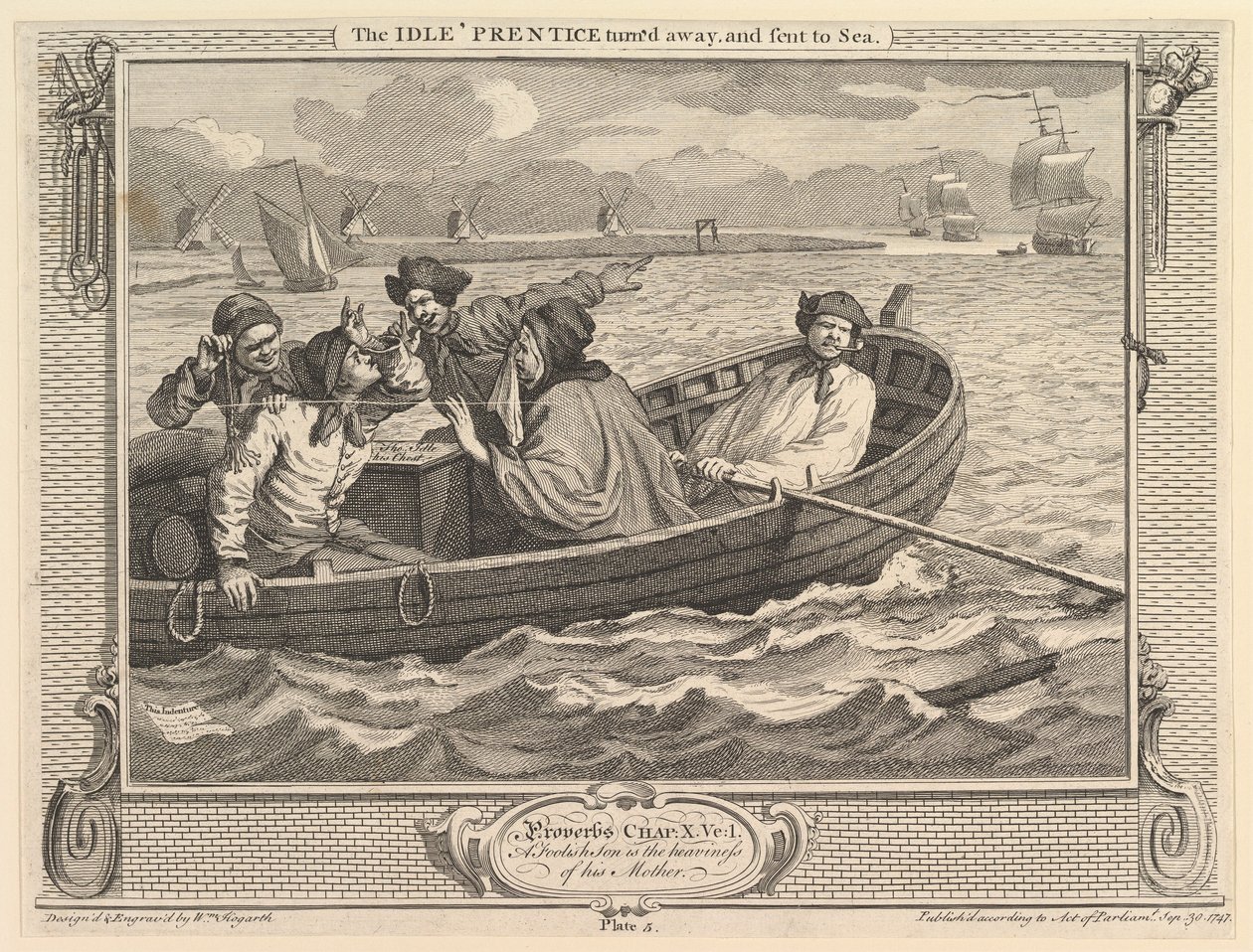 Der faule Lehrling wird weggeschickt und zur See geschickt: Fleiß und Faulheit, Platte 5 (30. September 1747) von William Hogarth
