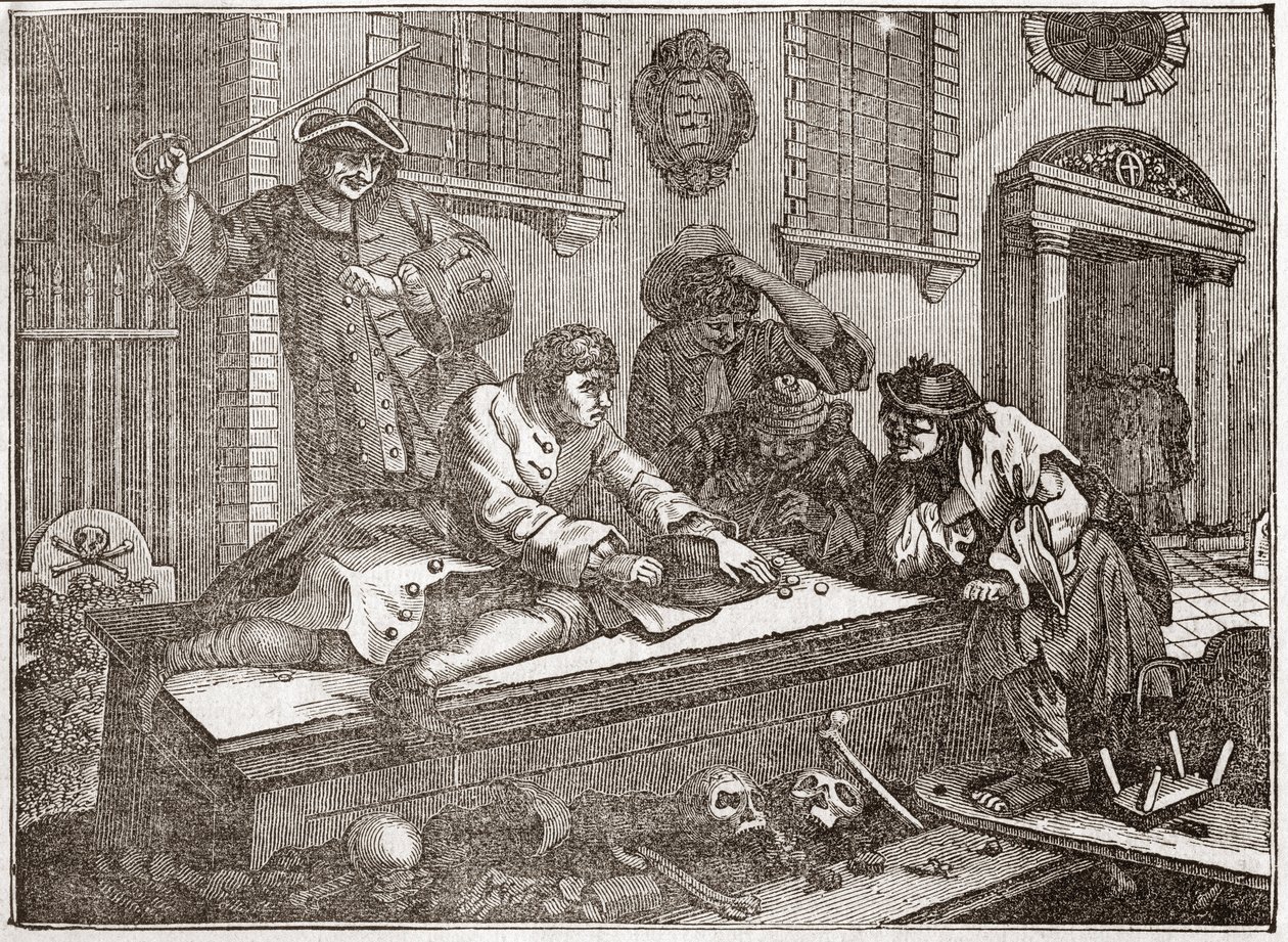 Der faule Lehrling beim Spielen auf dem Kirchhof während des Gottesdienstes - Platte aus einer Serie von 12 Gravuren von William Hogarth (1697-1764), britischer Illustrator, betitelt „Fleiß und Faulheit“, „Der Eifer und die Faulheit“ von William Hogarth