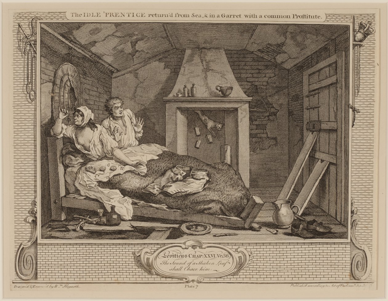 Der faule Lehrling kehrt von der See zurück und ist in einer Dachkammer mit einer gewöhnlichen Prostituierten, aus der Serie "Fleiß und Faulheit", Oktober 1747 von William Hogarth