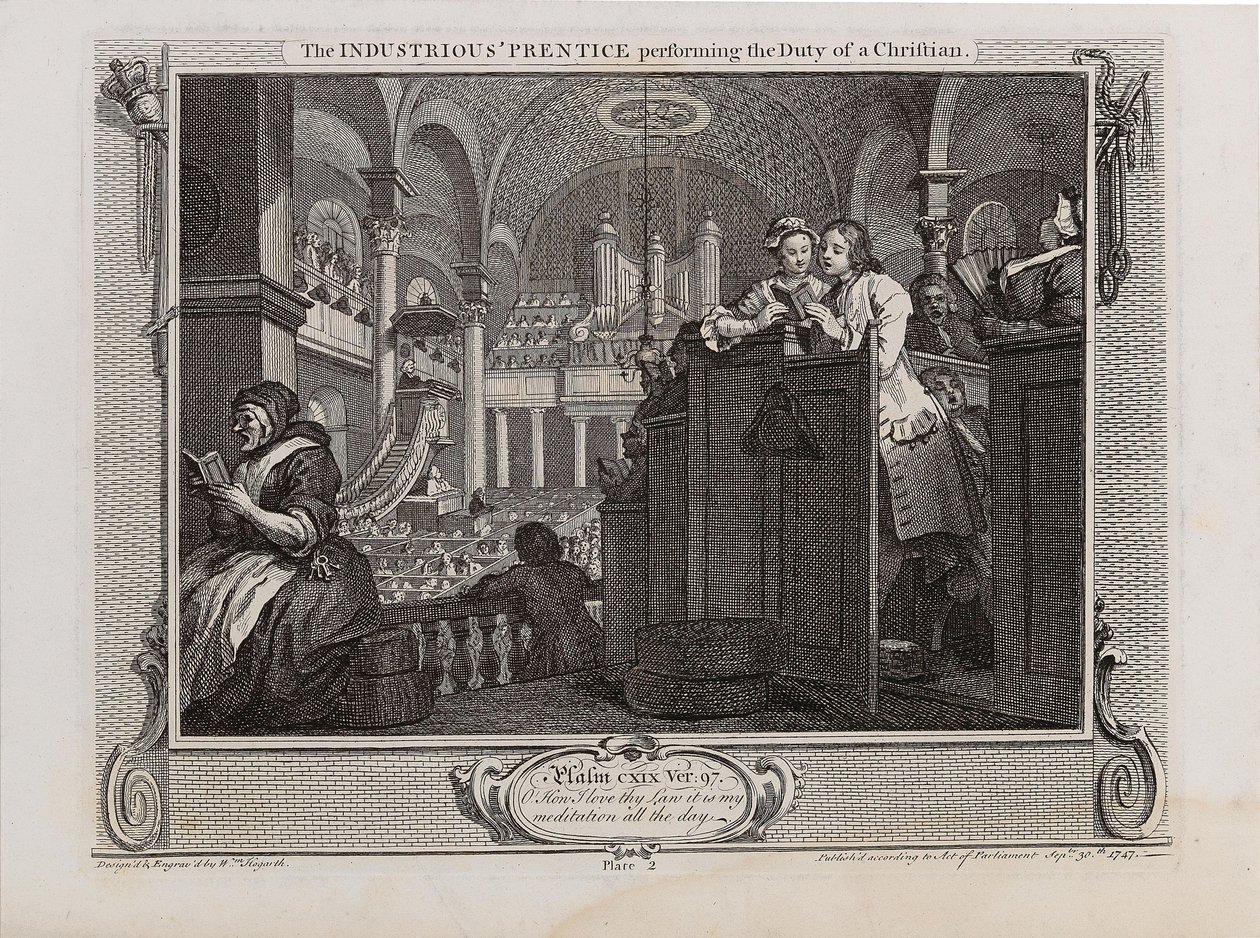 Der fleißige Lehrling, der die Pflicht eines Christen erfüllt. Serie Industrie und Fleiß, 1747 von William Hogarth