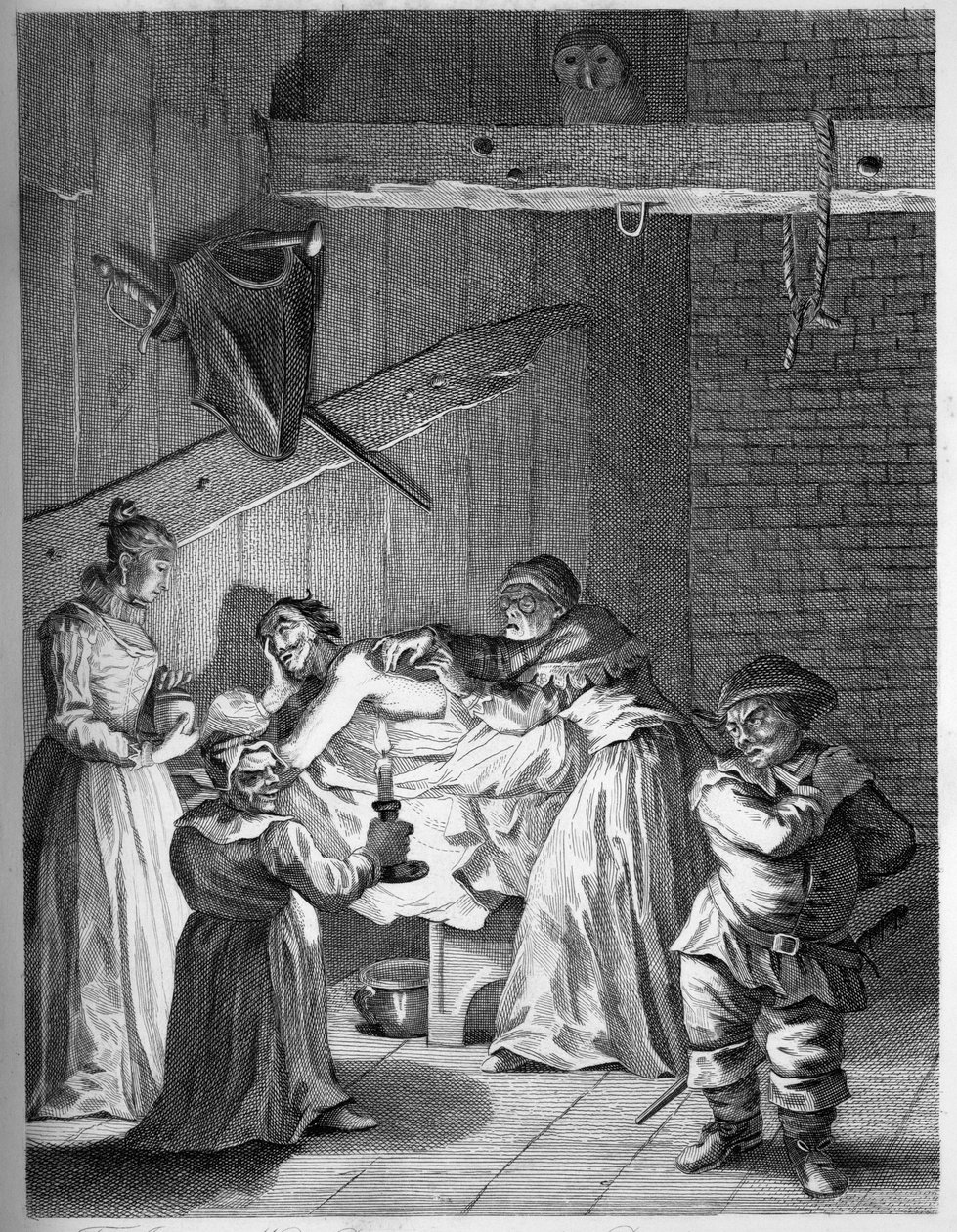 Die Wirtin und ihre Tochter kümmern sich um den Don nach seiner Prügel von William Hogarth