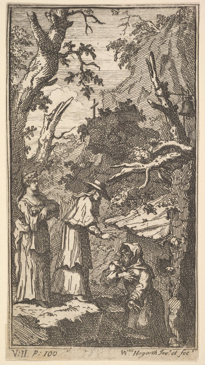Die neue Metamorphose, Platte 7: Der Kardinal, ein Einsiedler und Donna Angela halten Fantasio von William Hogarth