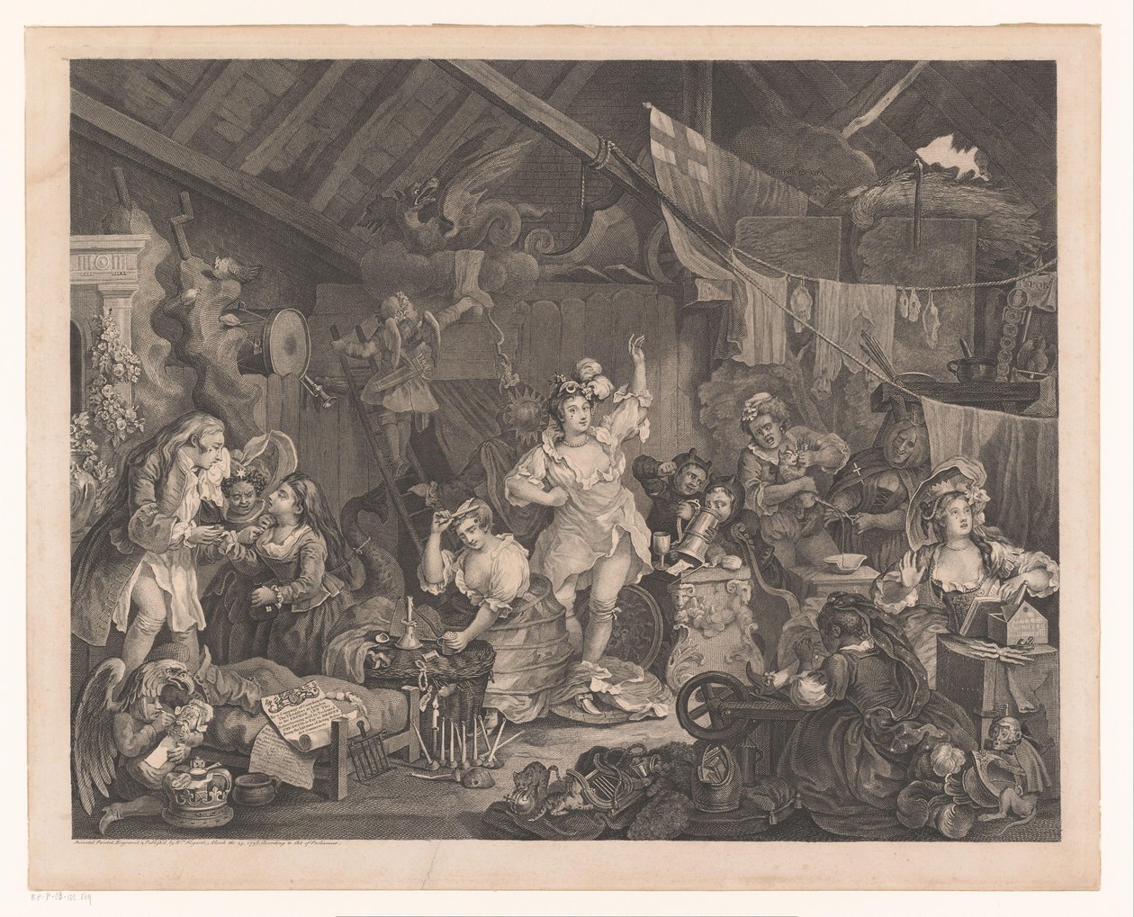 Verkleidete Schauspielerinnen und Kinder in einer Scheune von William Hogarth