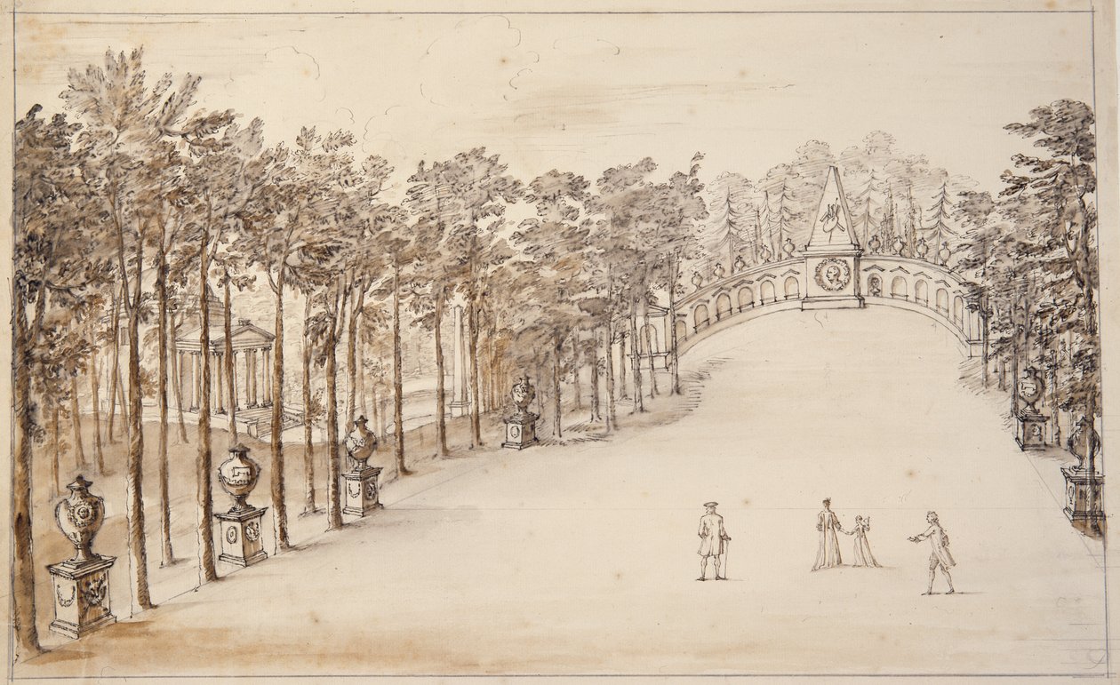 Chiswick, erster Entwurf für die Exedra (Feder und Tinte und Waschung auf Papier) von William Kent