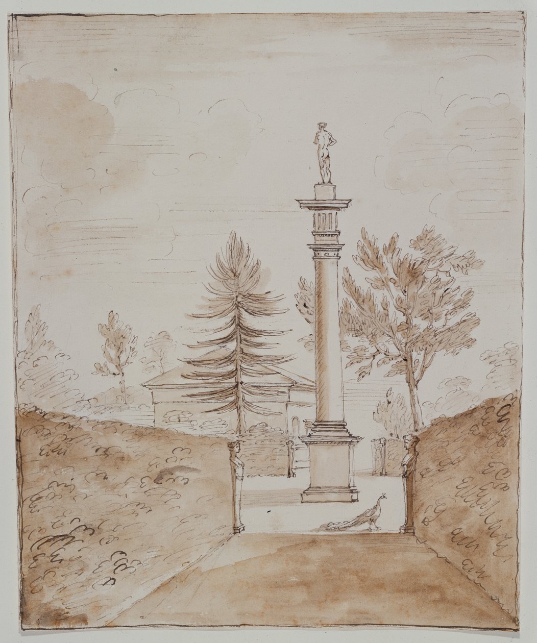 Chiswick, Ansicht der dorischen Säule mit Venus de Medici-Statue und ein Blick auf die Seite des Hirschhauses von William Kent