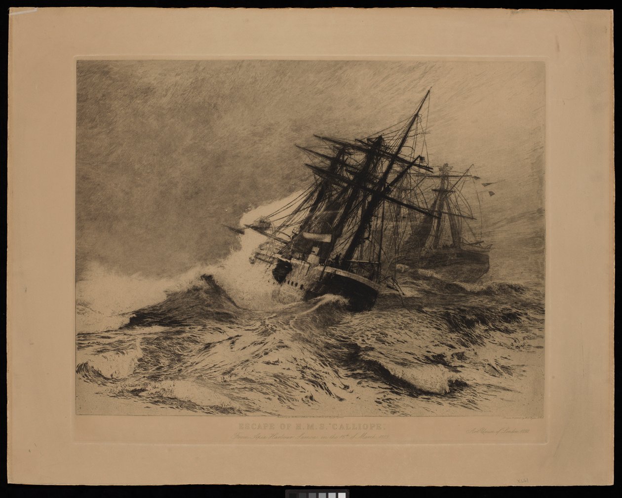 Flucht der H.M.S. Calliope aus dem Hafen von Apia, Samoa, am 16. März 1889 von William Lionel Wyllie