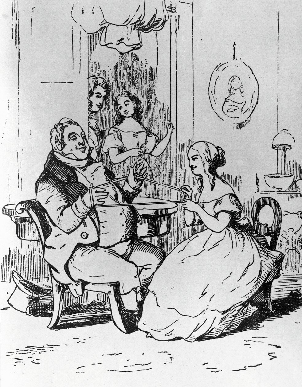 Mr. Joseph Sedley verstrickt von Becky Sharp, Illustration für das 1. Kapitel von Vanity Fair, Roman von William Makepeace Thackeray (1811-1863), Gravur nach einer Zeichnung von William Makepeace Thackeray (1811-1863), veröffentlicht in Chicago 1882 von William Makepeace Thackeray