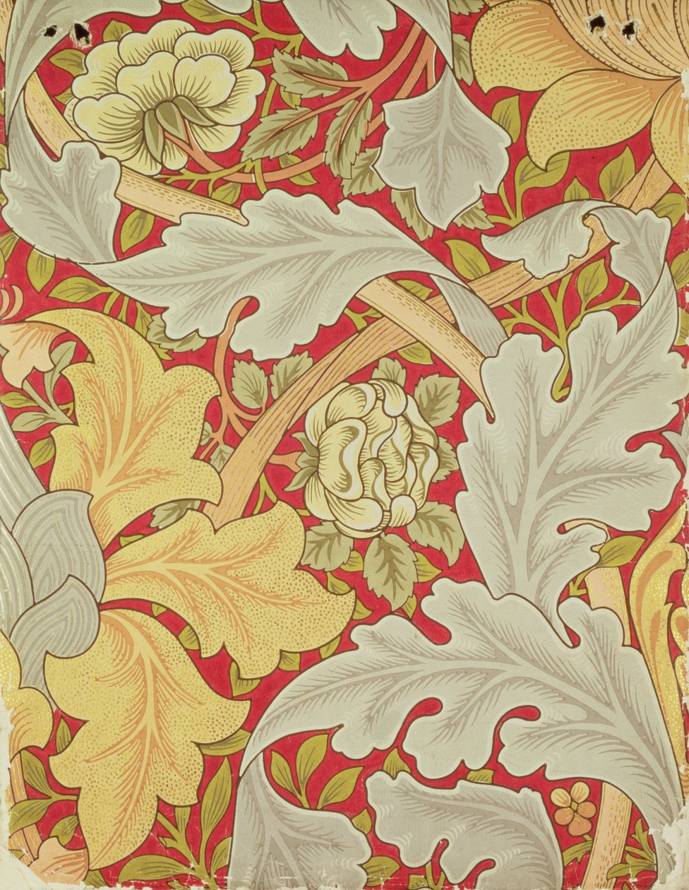 Akanthusblätter und Wildrose auf einem purpurroten Hintergrund, Tapetendesign von William Morris