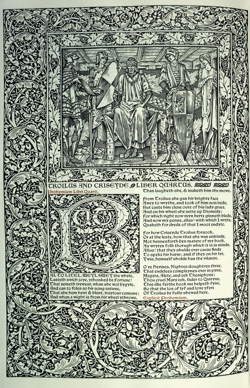 Szene aus "Troilus und Criseyde", historiierte Initiale "B", Manuskript mit ganzseitigem Rand, 1896 von William Morris