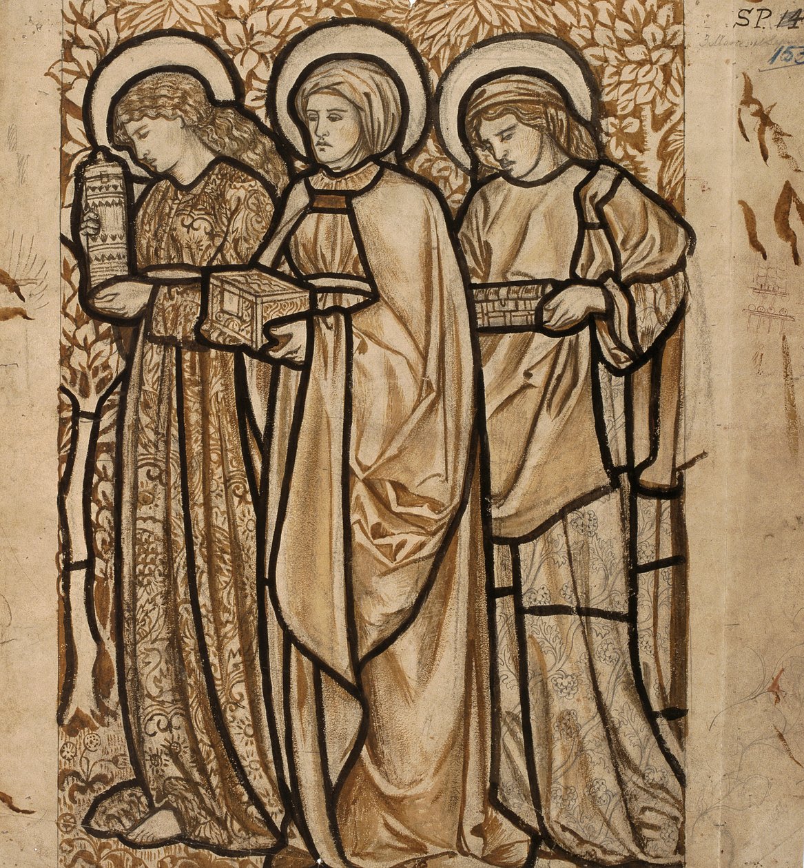 Die drei Marien am Grab - Entwurf für ein Buntglasfenster, 1862 von William Morris